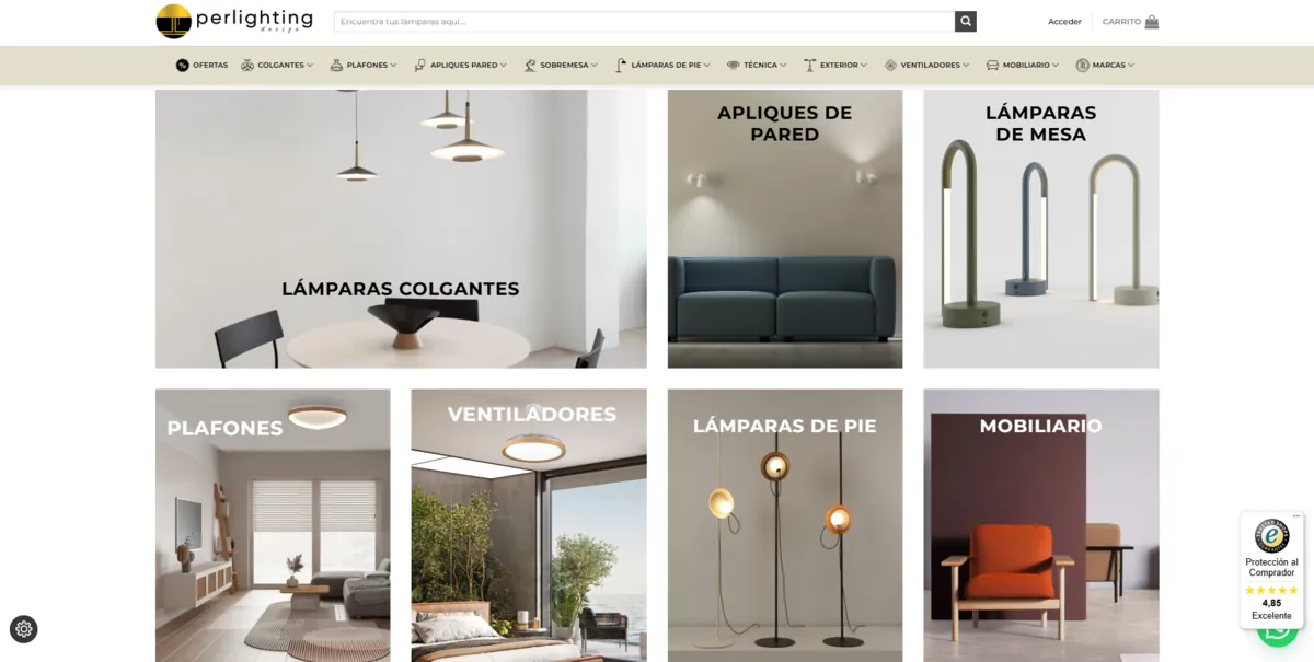 Home page of Perlighting, a Spanish home decor site