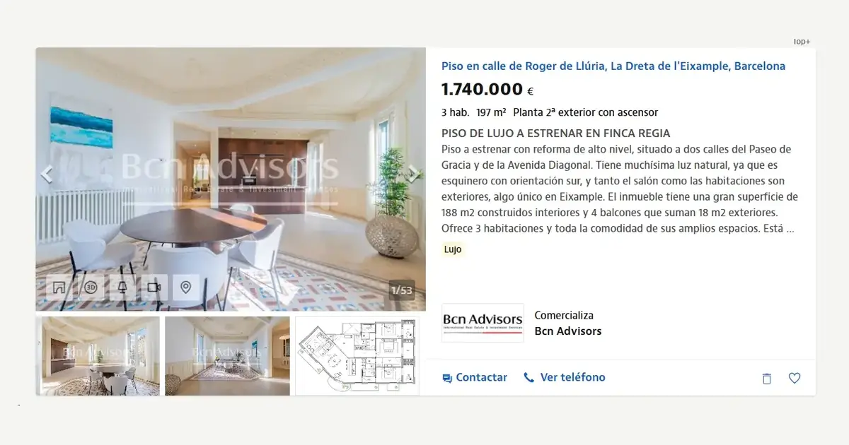 Anuncio de Bcn Advisors de un piso en l'Eixample, Barcelona, con descripción detallada