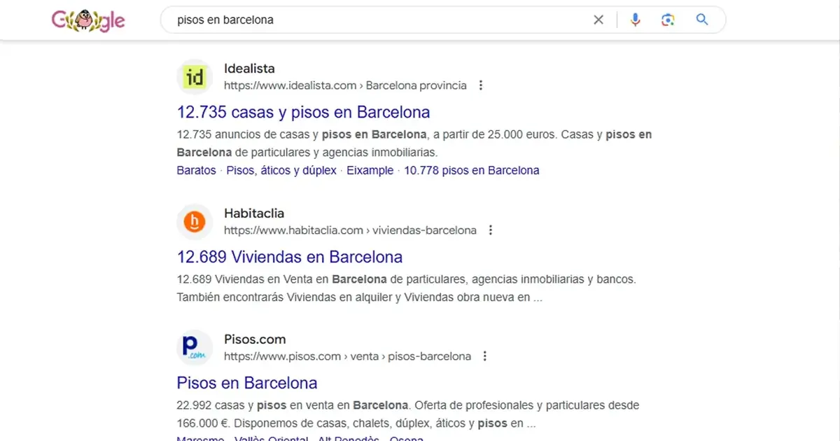 Resultados de Google para 'pisos en barcelona': Idealista, Habitaclia y Pisos.com