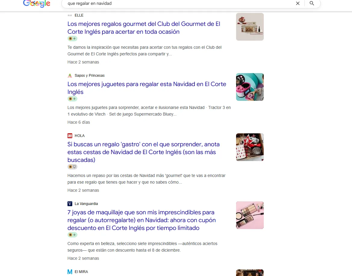 ELLE, HOLA and La Vanguardia articles on El Corte Inglés gifts in Google results