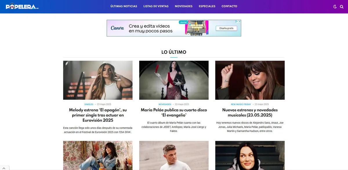 Home page of Popelera, a Spanish music site