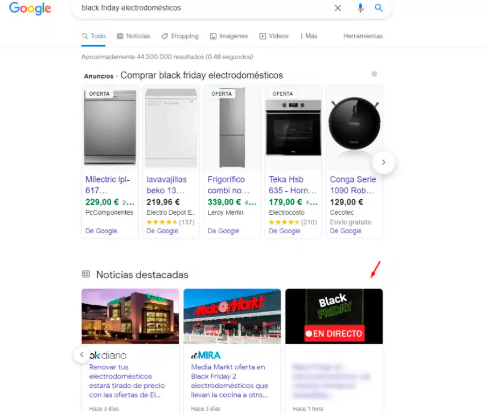 Article with a live label in Google Top stories for 'black friday electrodomésticos'