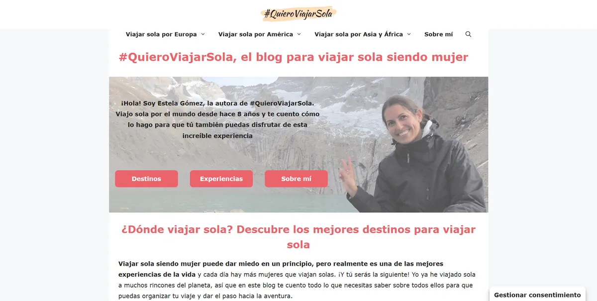 Home page of Quiero Viajar Sola, a Spanish travel site