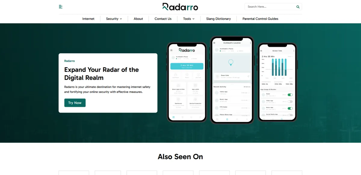 Home page of Radarro, a tech site