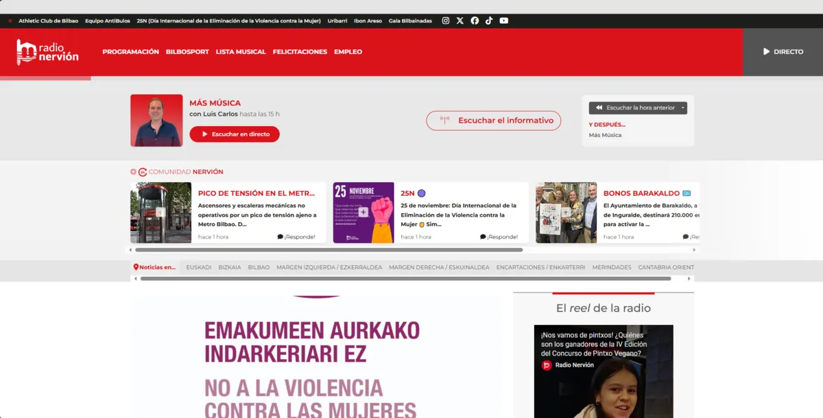 Home page of Radio Nervión, a Spanish radio station