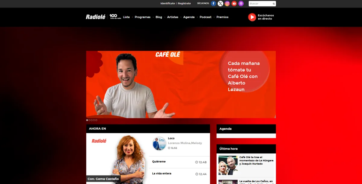 Home page of Radiolé, a Spanish radio station