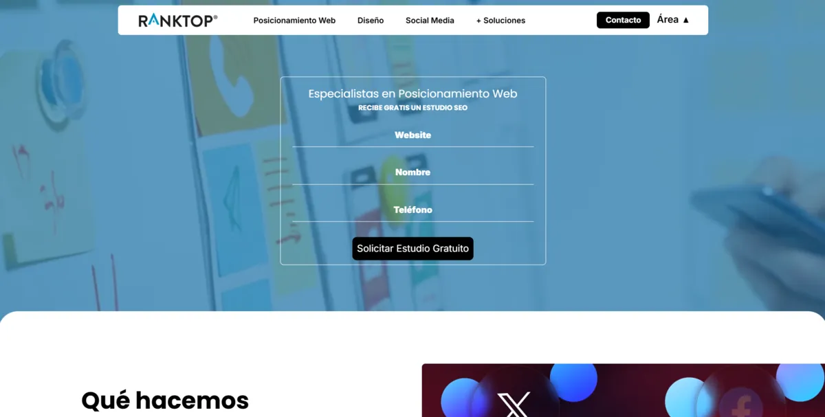 Home page of Ranktop, an SEO agency in Valencia