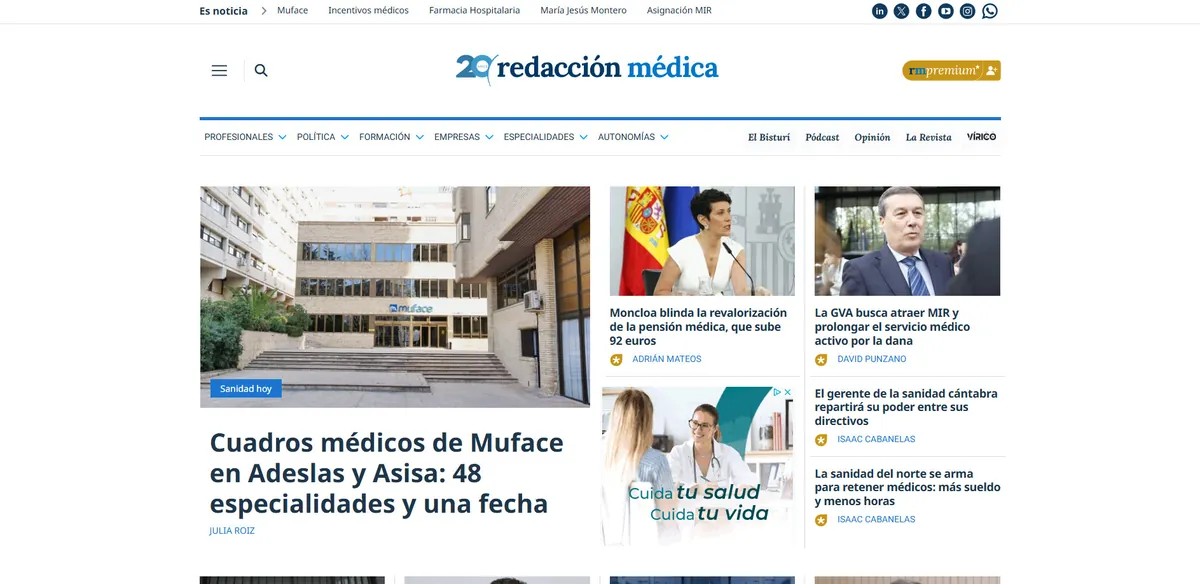 Home page of Redacción Médica, a Spanish health site