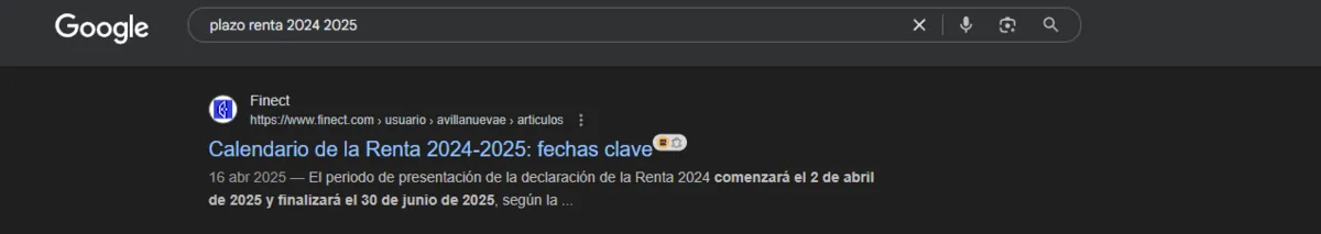 Resultado de Google para 'plazo renta 2024 2025' con el calendario de Finect