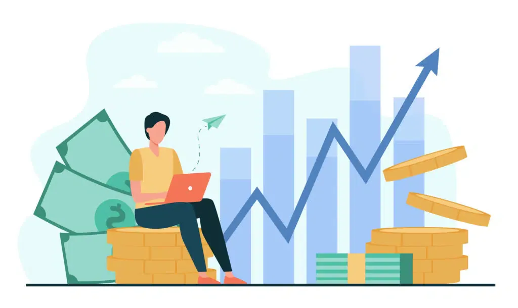Person with a laptop on coins beside a rising chart illustrating advertorial ROI
