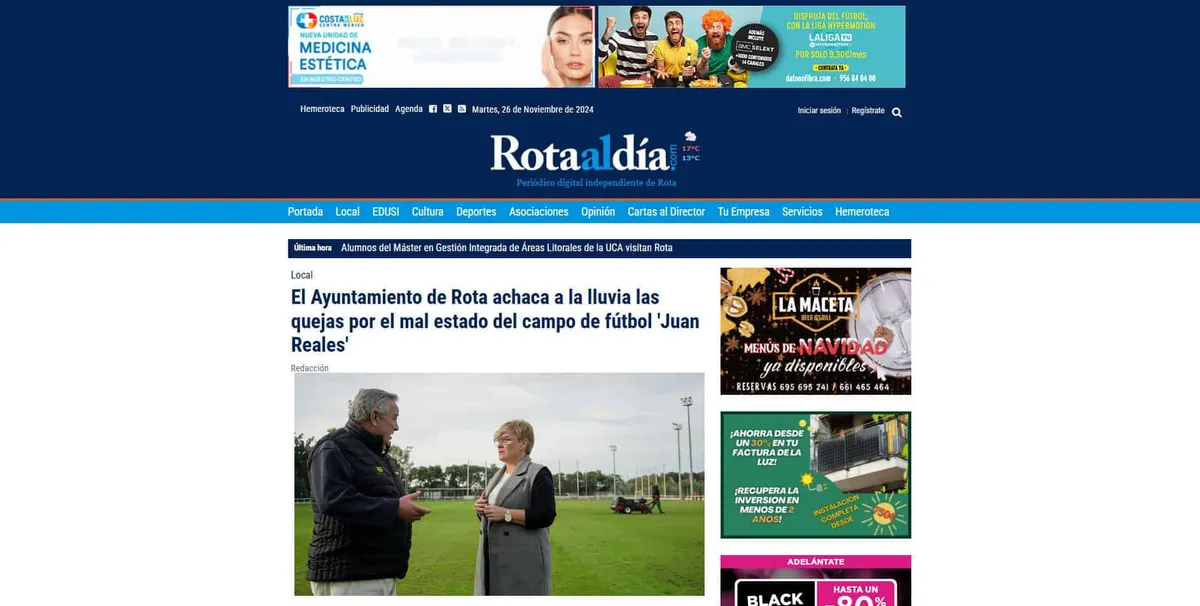 Home page of Rota al día, a newspaper in Cádiz