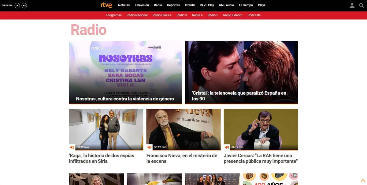 Home page of RTVE, a Spanish radio station