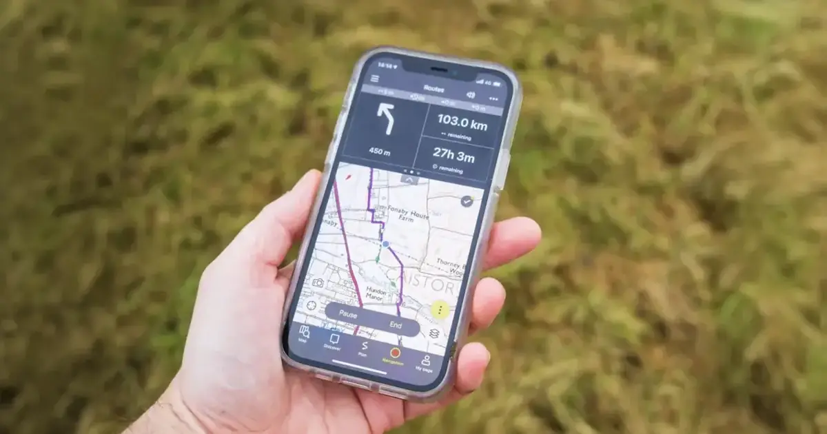Hiking route app on a mobile phone, an example of a widget for camping stores