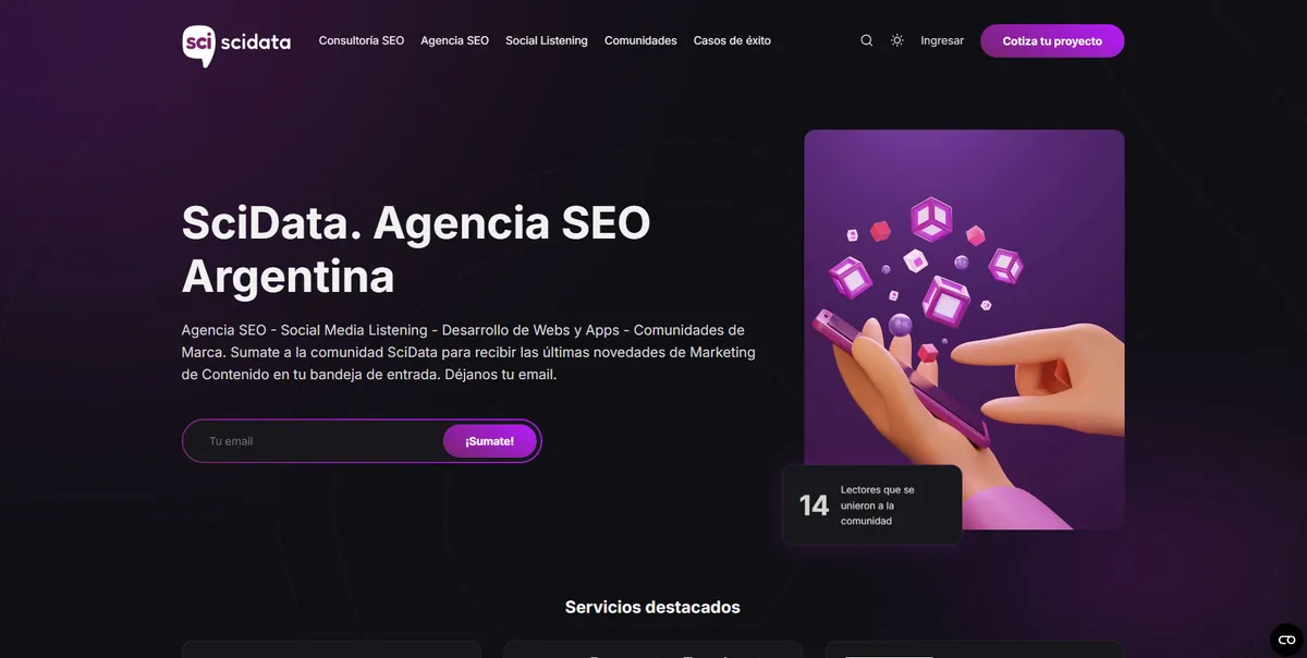 Home page of SciData, an SEO agency in Argentina