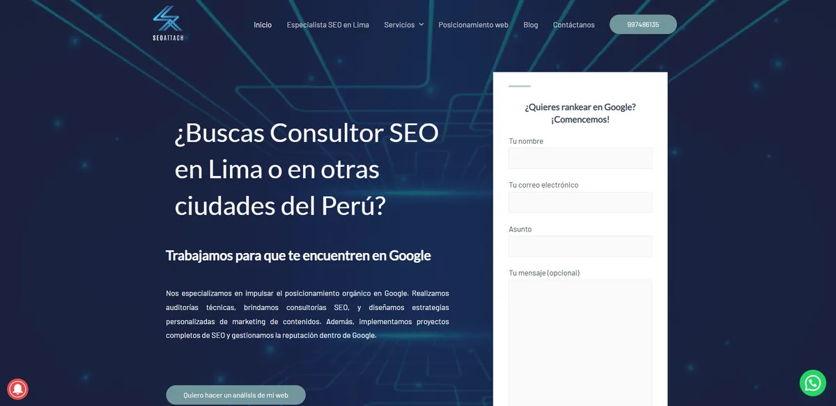 Home page of SEO Attach, an SEO agency in Peru