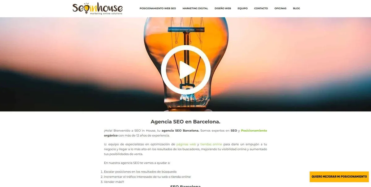 Home page of SEO in house, an SEO agency in Barcelona