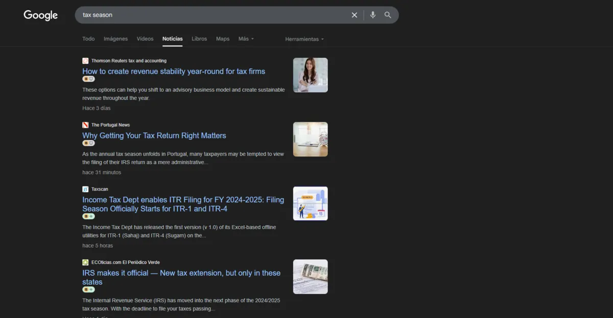 Google News results for 'tax season' from Thomson Reuters, Taxscan and other outlets