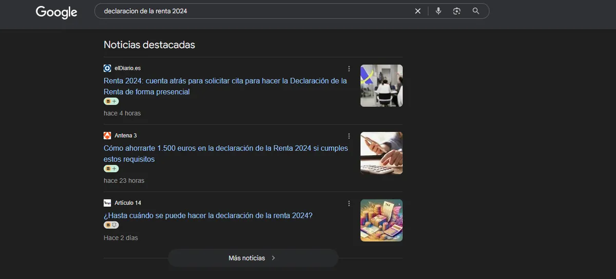 Noticias destacadas de Google para 'declaracion de la renta 2024' con elDiario.es y Antena 3