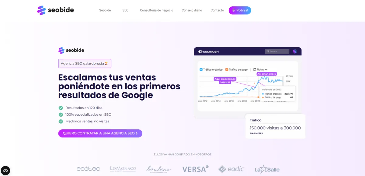 Home page of Seobide, an SEO agency in Bilbao