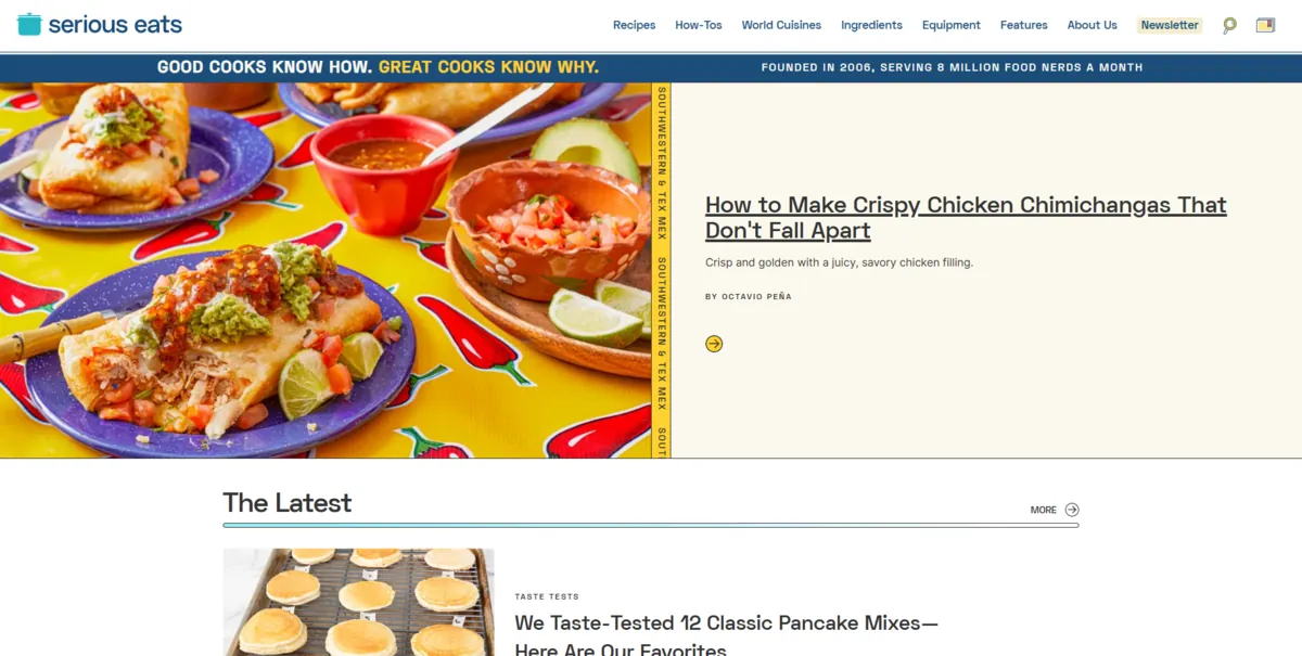 Home page of Serious Eats, a US food site