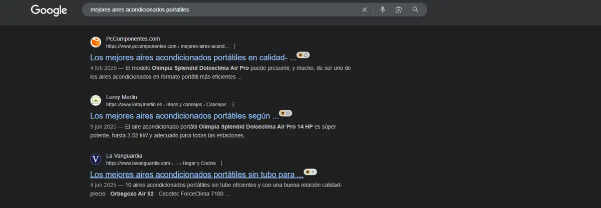 Resultados de Google para 'mejores aires acondicionados portatiles', con La Vanguardia