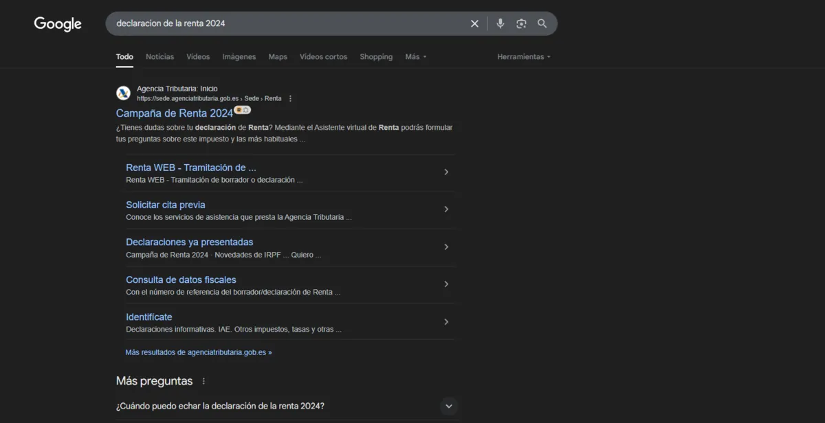 Resultados de Google para 'declaracion de la renta 2024' encabezados por la Agencia Tributaria