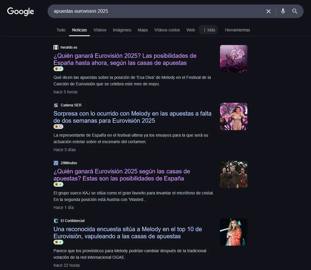Resultados de Google Noticias para 'apuestas eurovision 2025' con Heraldo, Cadena SER y 20Minutos
