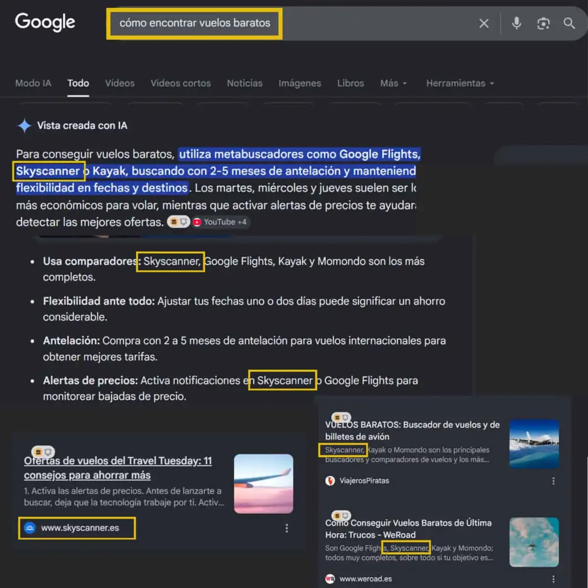 Resultados de la SERP donde Skyscanner aparece referenciada