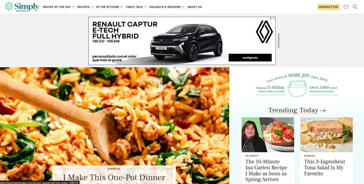 Home page of Simply Recipes, a US food site