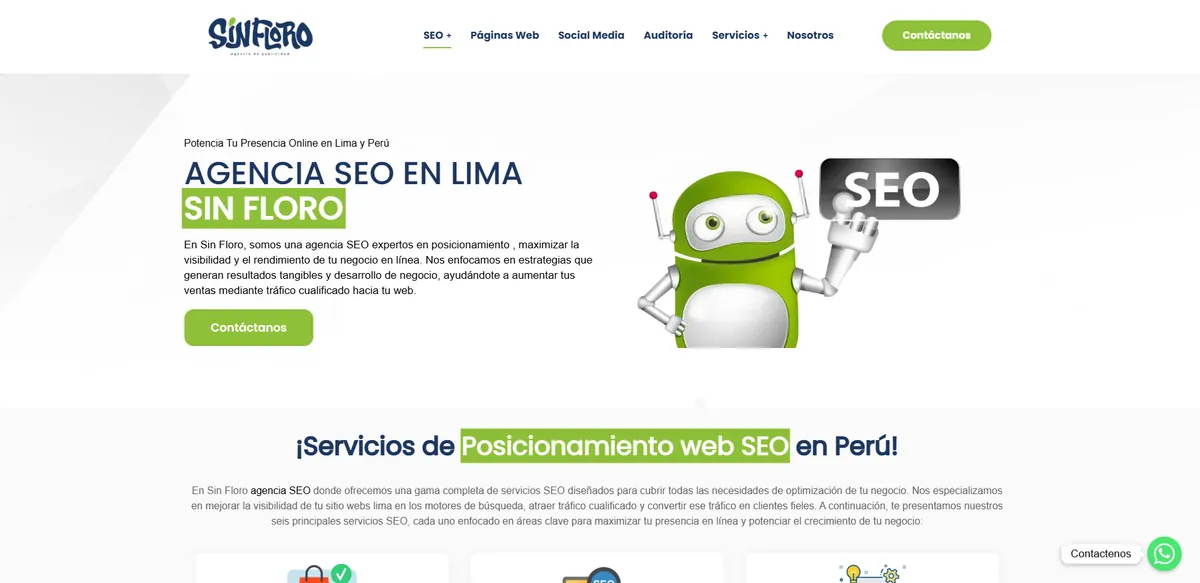 Home page of Sin Floro, an SEO agency in Peru