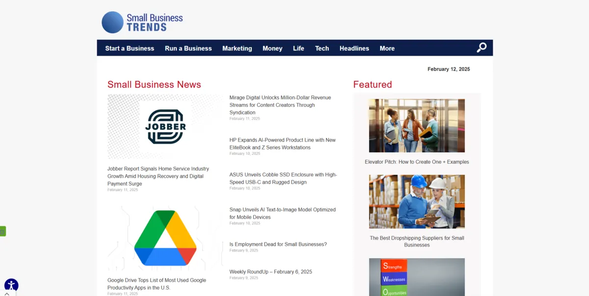 Home page of Small Business Trends, a US business site