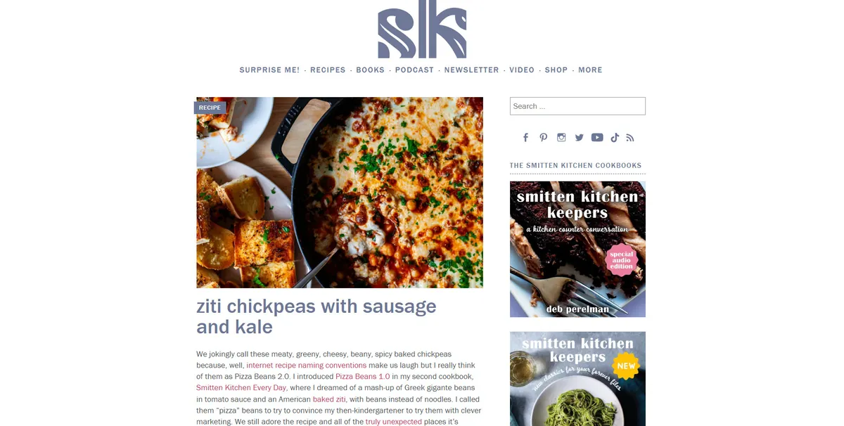 Home page of Smitten Kitchen, a US food site
