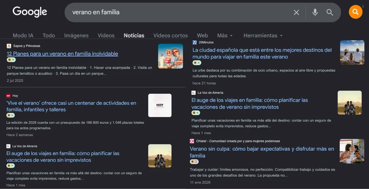 Resultados de Google Noticias para 'verano en familia' con 20Minutos y La Voz de Almería
