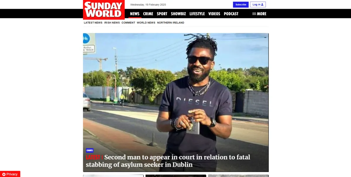 Home page of Sunday World, an Irish newspaper