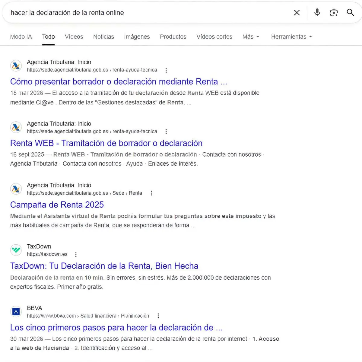 TaxDown in fourth place on Google for 'hacer la declaración de la renta online'