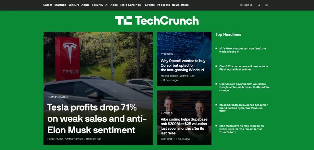 Home page of TechCrunch, a tech site