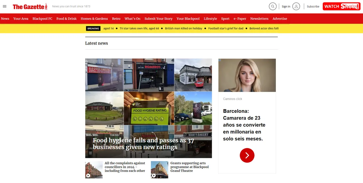 Home page of The Blackpool Gazette, a UK newspaper