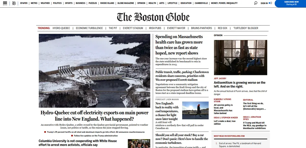 Home page of The Boston Globe, a US newspaper