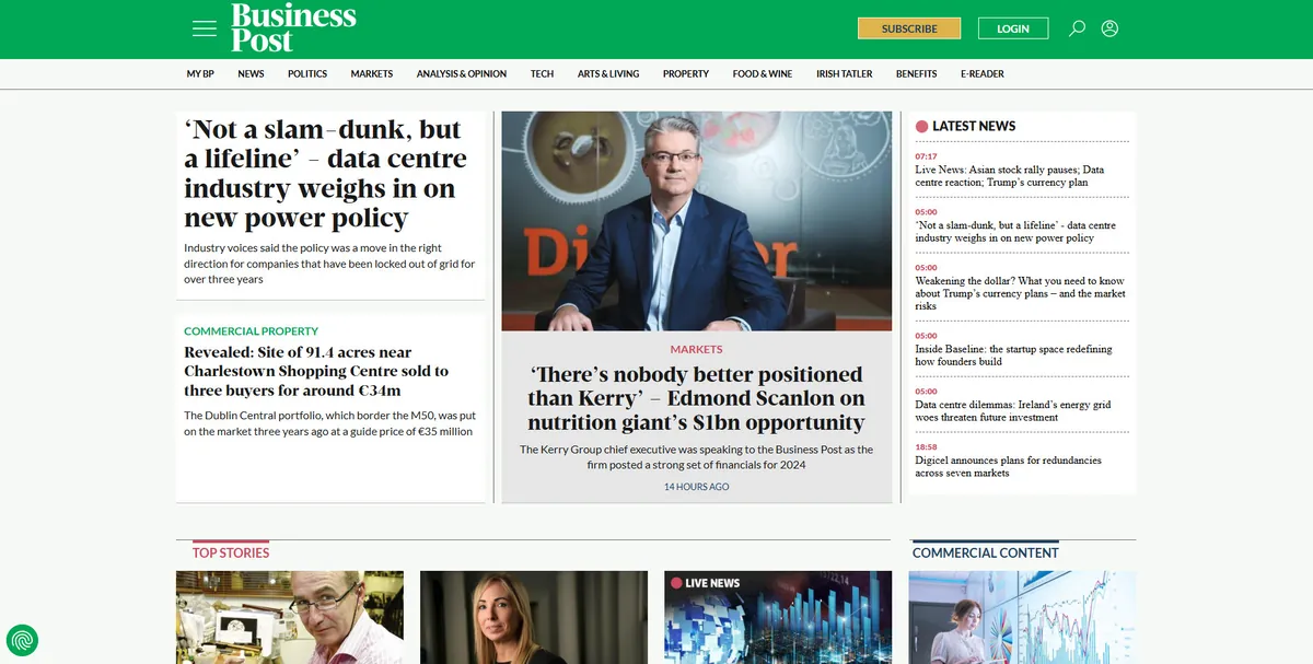 Home page of The Business Post, an Irish newspaper