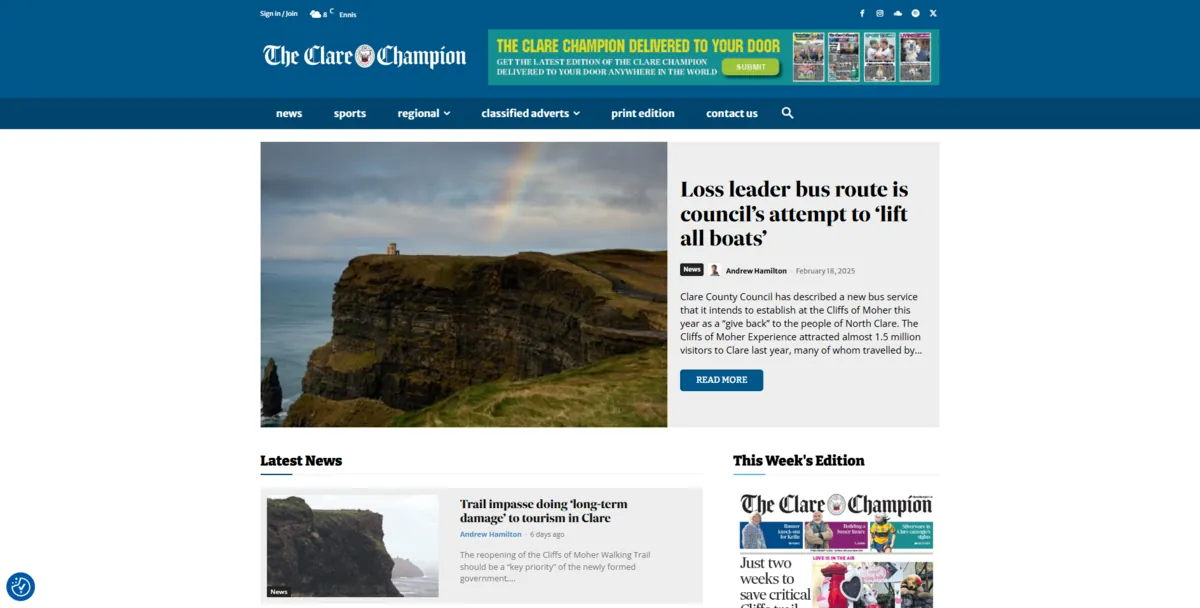 Home page of The Clare Champion, an Irish newspaper