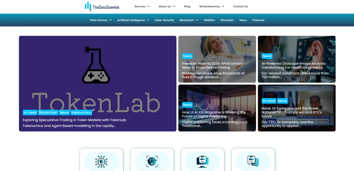 Home page of The Data Scientist, a tech site