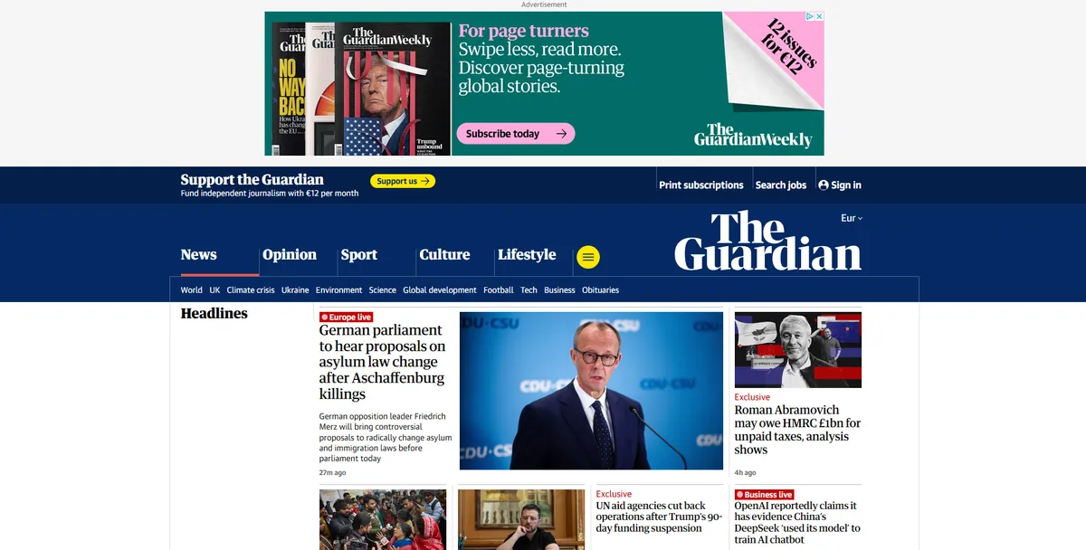 Home page of The Guardian, a UK newspaper