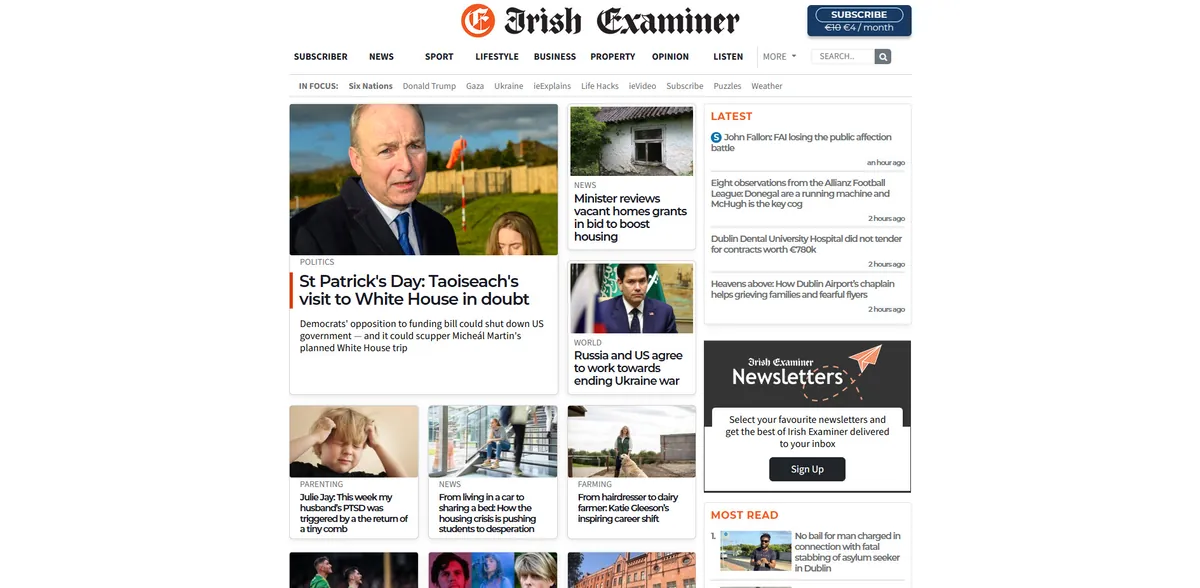 Home page of The Irish Examiner, an Irish newspaper