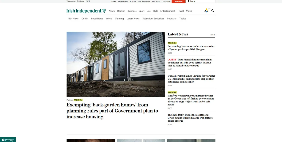 Home page of The Irish Independent, an Irish newspaper
