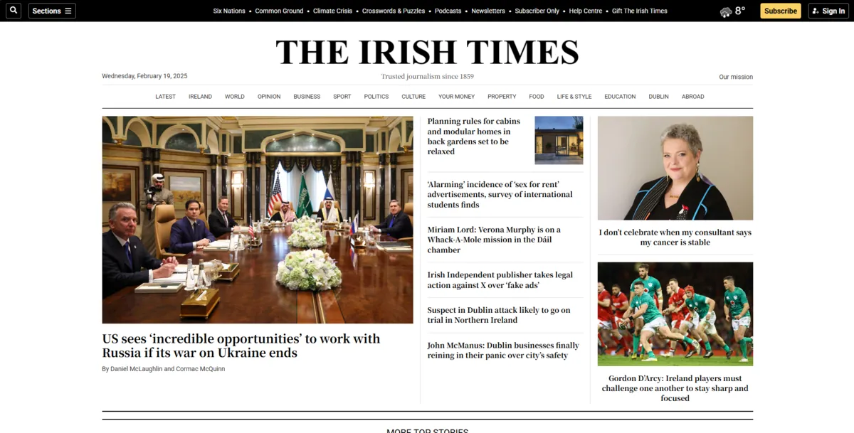 Home page of The Irish Times, an Irish newspaper