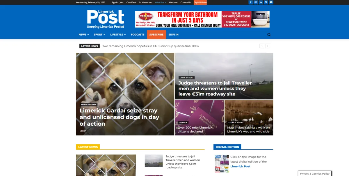 Home page of The Limerick Post, an Irish newspaper