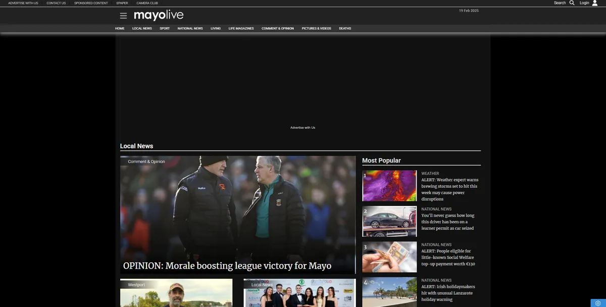 Home page of The Mayo News, an Irish newspaper