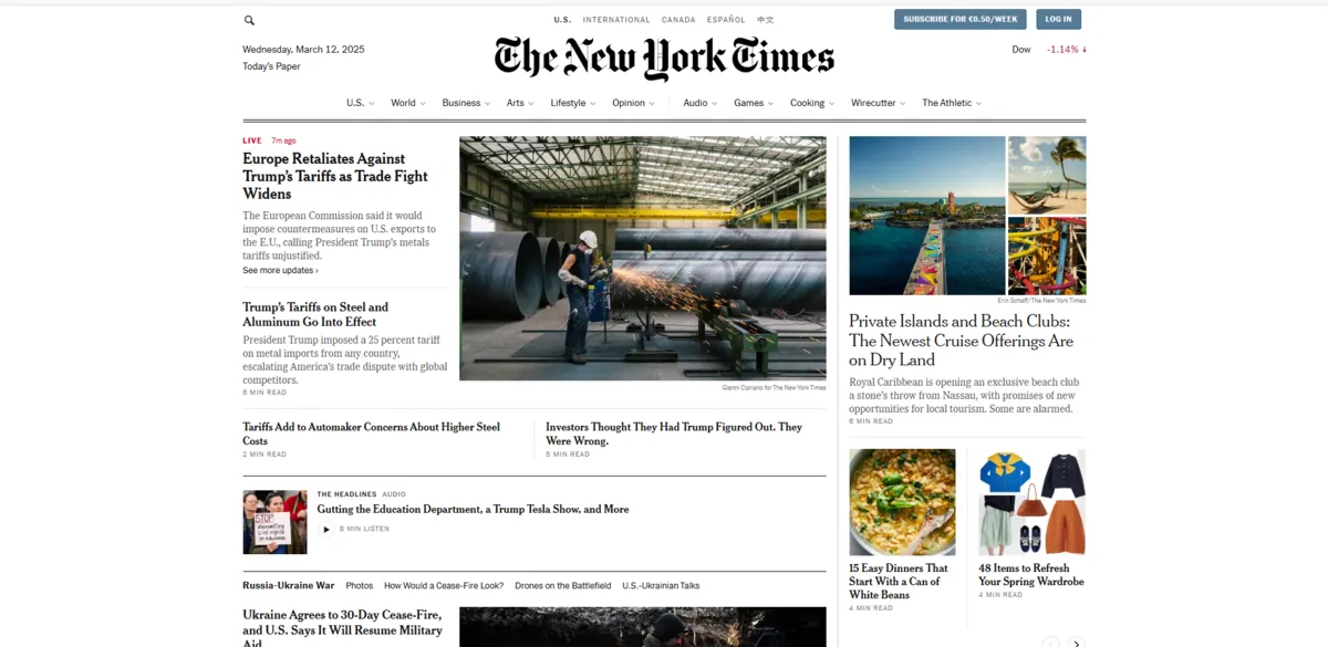 Home page of The New York Times, a US newspaper