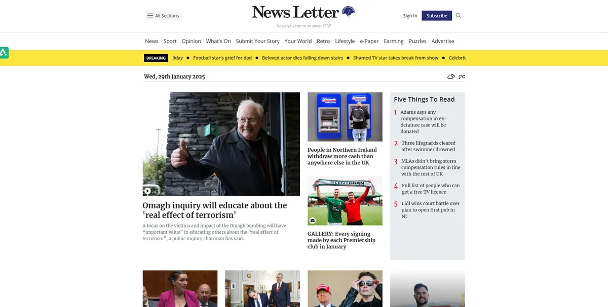 Home page of The News Letter, a UK newspaper