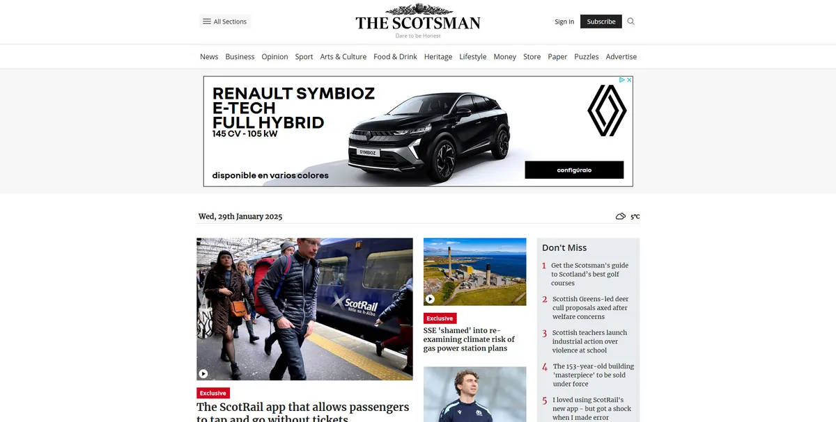 Home page of The Scotsman, a UK newspaper